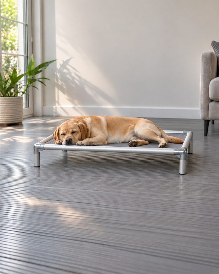 A Labrador stretched out on a Large Cofa Bed