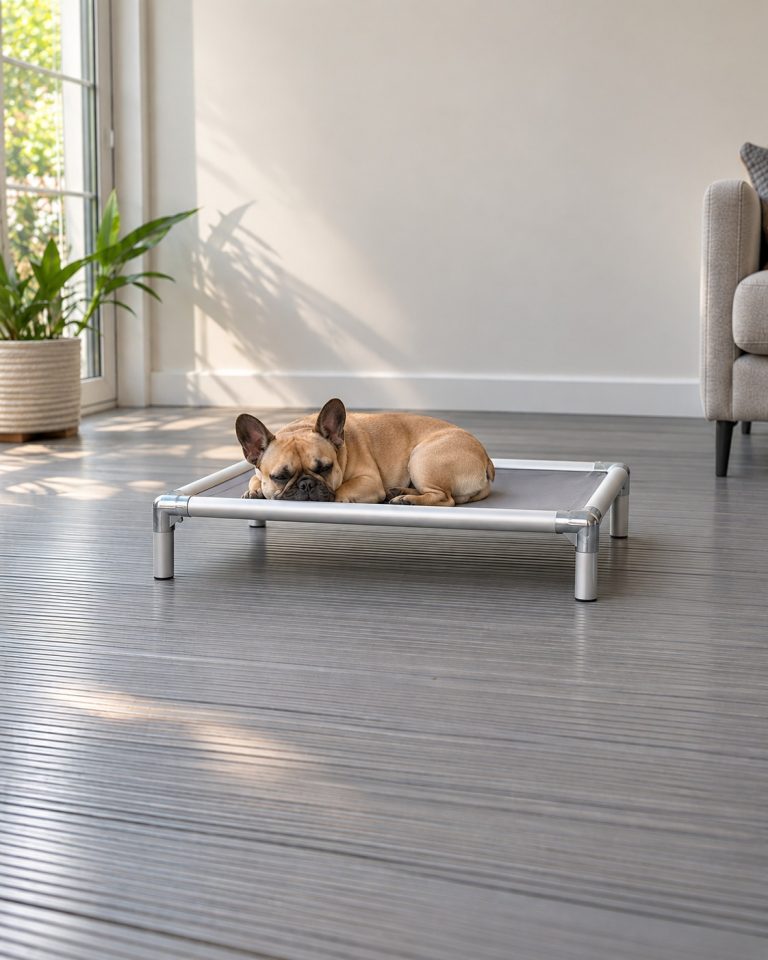 A French Bulldog curled up on a Medium Cofa Bed